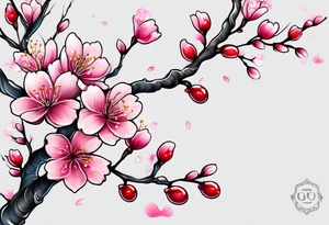 A foot tattoo of colorful cherry blossoms on a pink branch tattoo idea