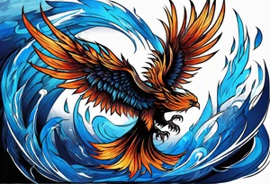 Phoenix Rising From The Ashes, Black And Blue Design With Blue Flame Hues tattoo idea