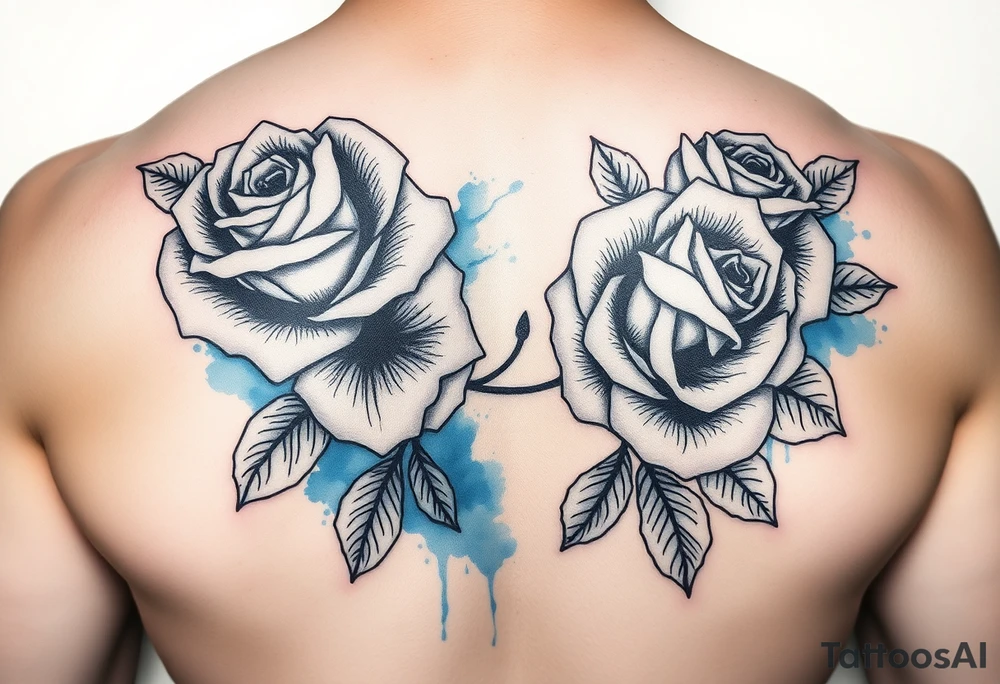 Black and white roses with blue watercolour behind tattoo idea