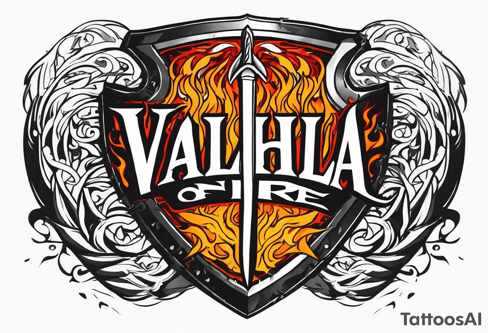 Valhalla on fire shield sword tattoo idea