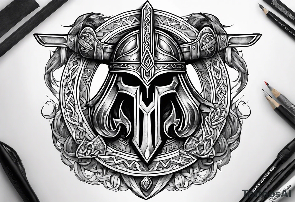 Valhalla sword round axe Valknut steps fire chains tattoo idea Valhalla sword round axe Valknut steps fire chains tattoo idea