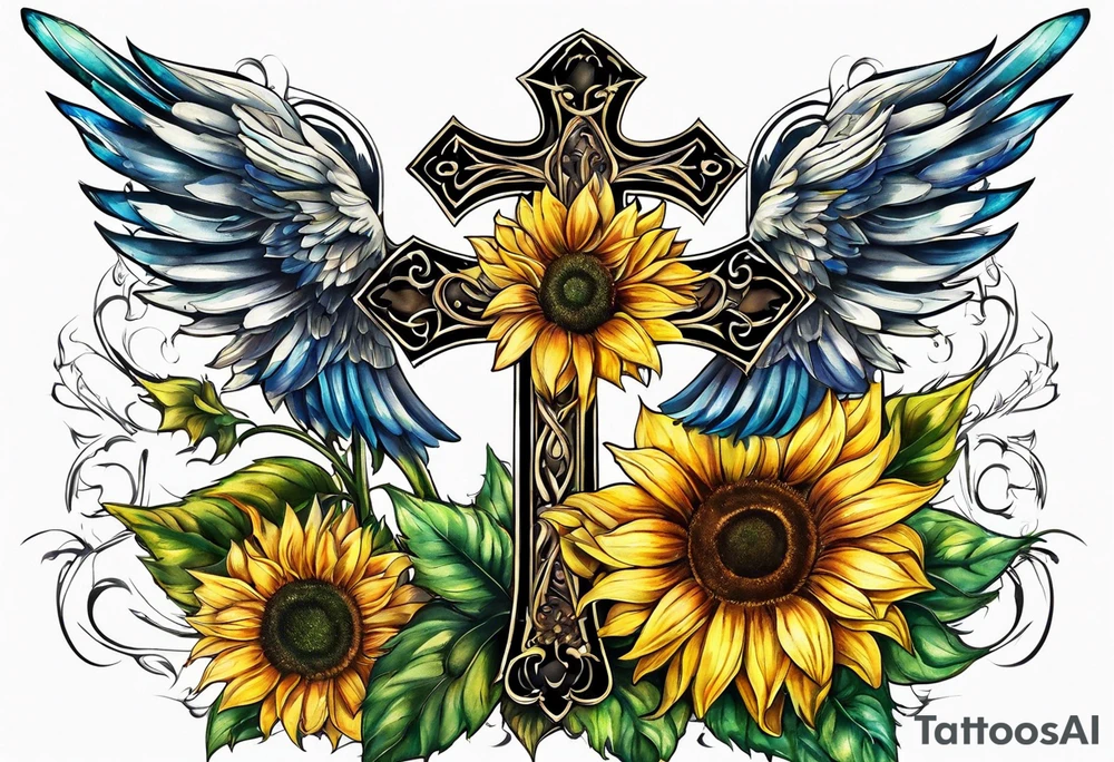 Winged cross with sunflower tattoo idea