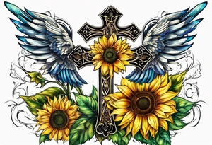 Winged cross with sunflower tattoo idea