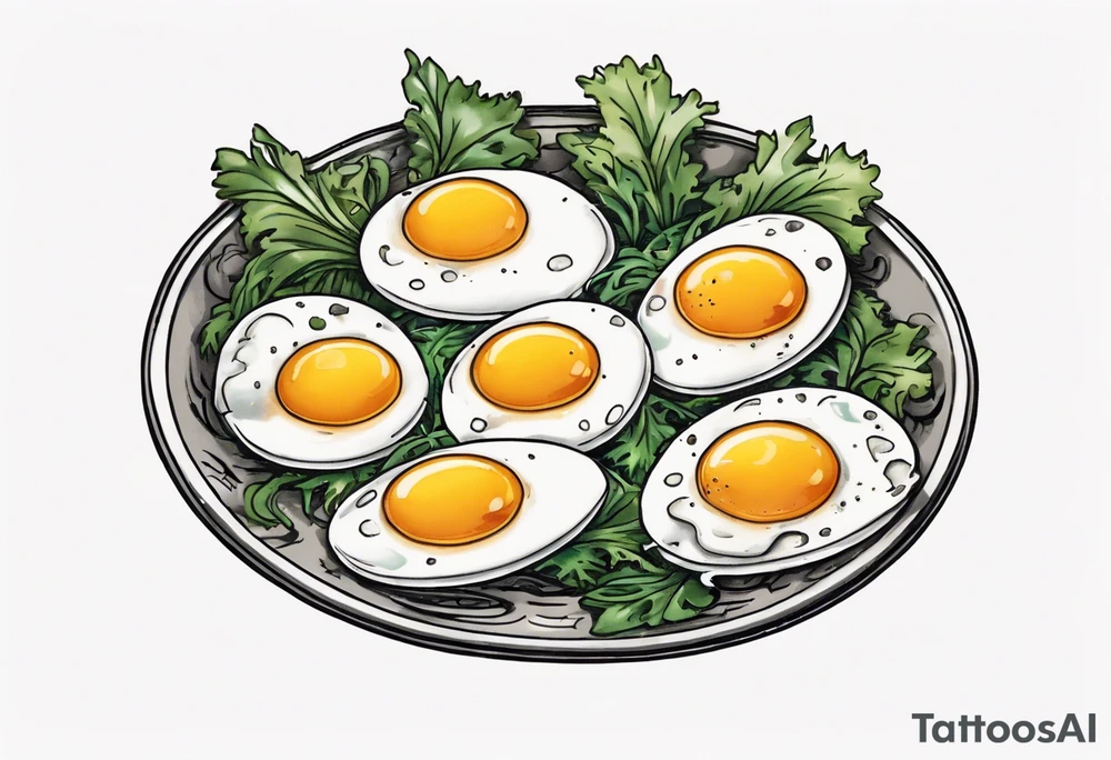 A round, thin 5 fried eggs with salt pepper and a bit greens and sredded cheese on the top tattoo idea