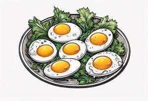 A round, thin 5 fried eggs with salt pepper and a bit greens and sredded cheese on the top tattoo idea