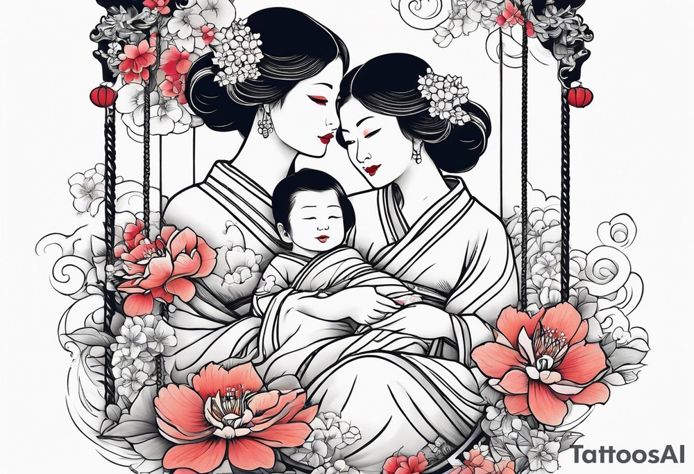 Mom with son & daughter on swing with flowers tattoo idea