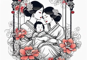 Mom with son & daughter on swing with flowers tattoo idea