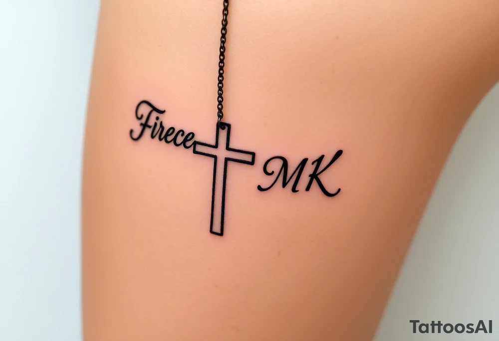 Cross with necklace on leg with initial MK tattoo idea