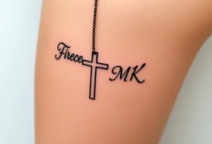 Cross with necklace on leg with initial MK tattoo idea