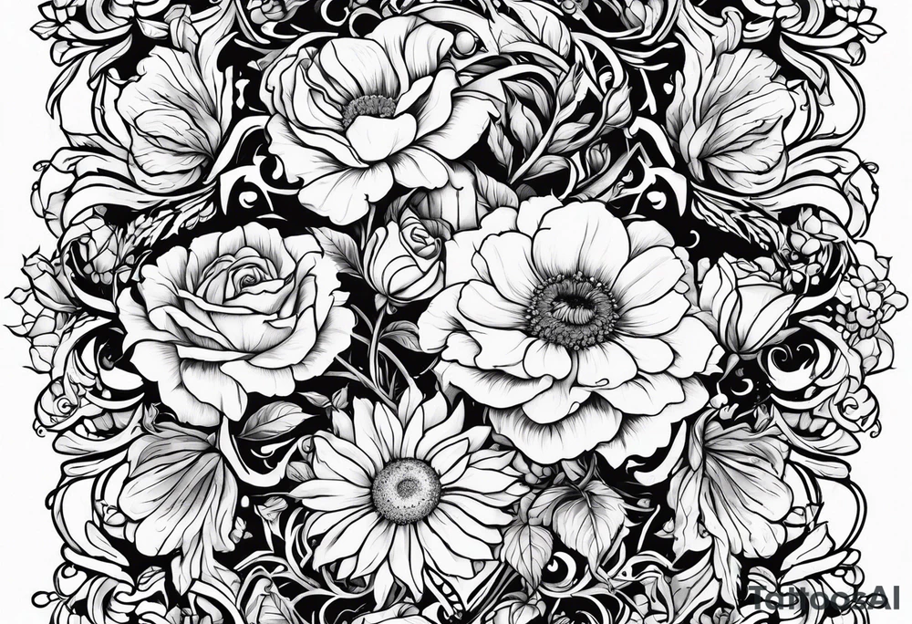 Roses, marigolds, cosmos, daisies, sweet peas and sunflowers vines long lines tattoo idea