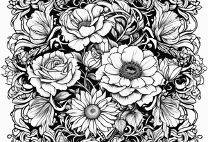Roses, marigolds, cosmos, daisies, sweet peas and sunflowers vines long lines tattoo idea