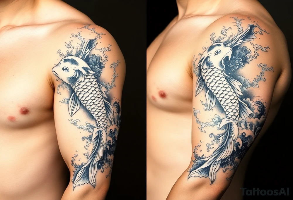 traditional koi fish swimming upstream through turbulent waves tattoo idea