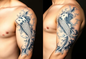 traditional koi fish swimming upstream through turbulent waves tattoo idea