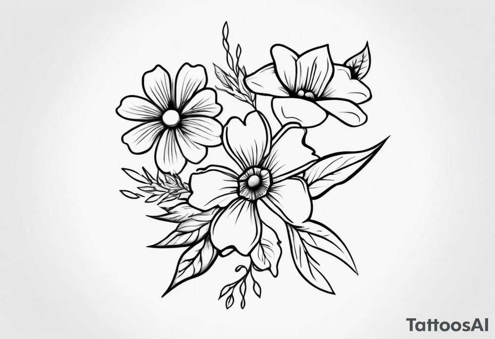 5 flower simple tattoo that has 1 October flower, 1 may flower, 1 July flower, 1 January flower, and 1 September flower tattoo idea