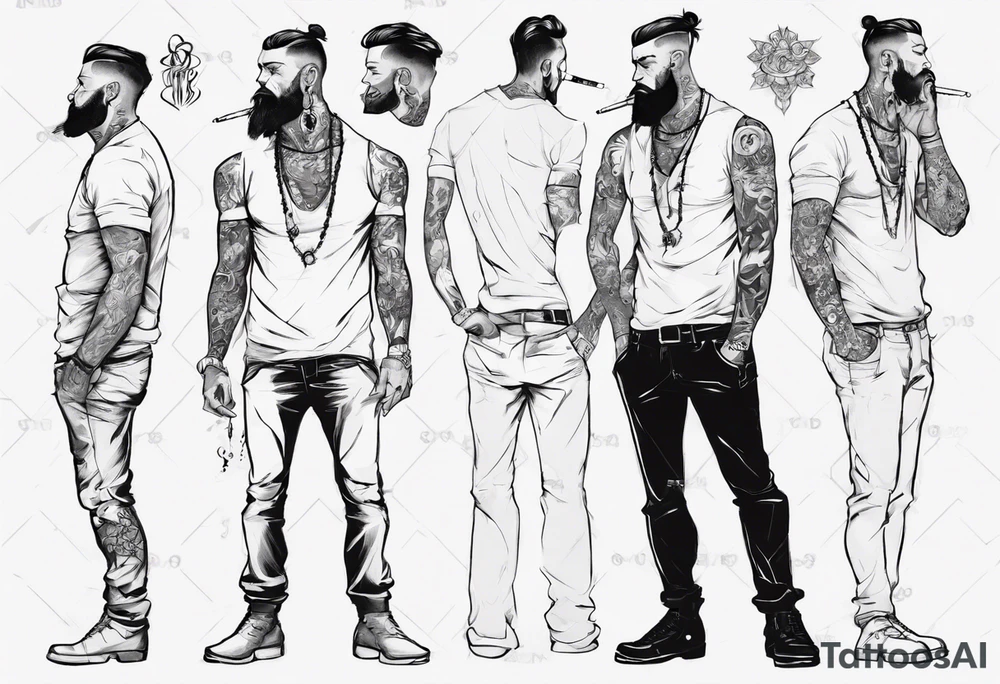 Man standing full-length, smoking, earrings in ears, no headgear tattoo idea