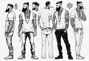 Man standing full-length, smoking, earrings in ears, no headgear tattoo idea