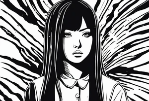 portrait of tomie standing up a character by the horror manga author junji ito full body standing murderously. add more horror and gore elements tattoo idea