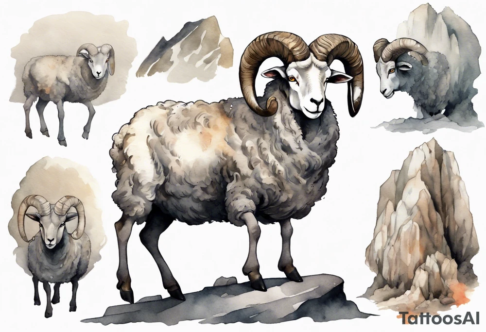 a solitary big-horned sheep with the arms and legs of a large man, wearing a grey tunic standing before a cave with cloven hooves for feet tattoo idea