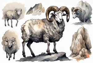 a solitary big-horned sheep with the arms and legs of a large man, wearing a grey tunic standing before a cave with cloven hooves for feet tattoo idea