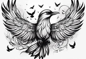 feather with birds flying out with one red bird tattoo idea