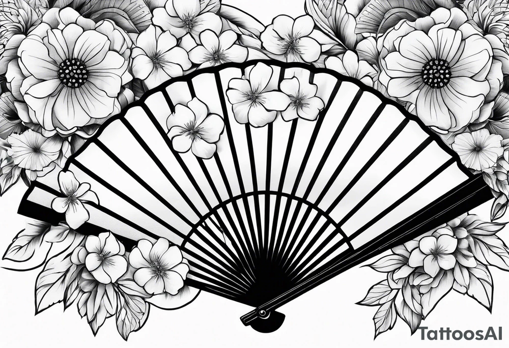 All Black Japanese fan with flowers behind it tattoo idea
