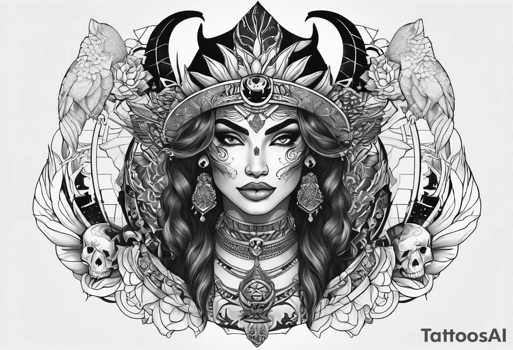 kali ma, alien goddess, valkrye, pirate, divine feminine, zenza resonance, pachamama, lotus azul, blank panther, eagle, skull, 5D, nueva gaya, dna 12 tattoo idea