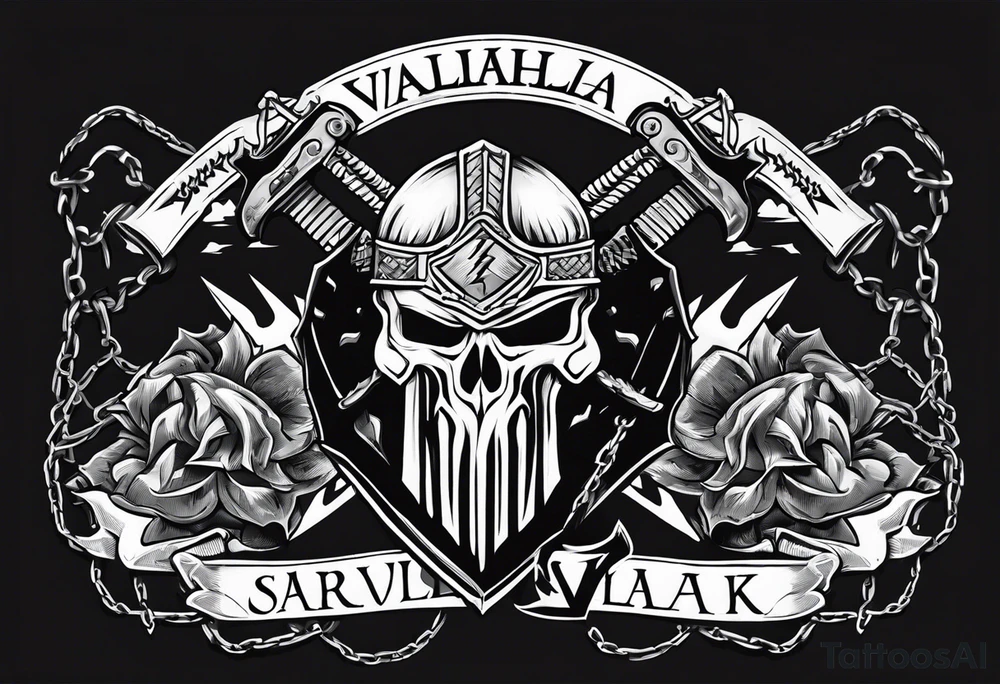 Valhalla sword round
shield axe barbed wire chains dark cloud lightning tattoo idea