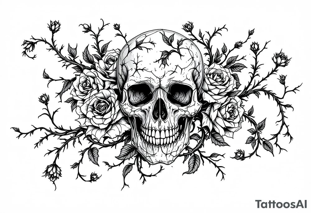 gothic skull intertwined with climbing roses and thorny vines tattoo idea