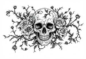 gothic skull intertwined with climbing roses and thorny vines tattoo idea