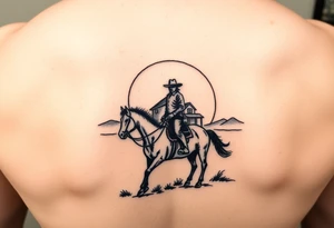Cowboy riding a house against a sunset tattoo idea