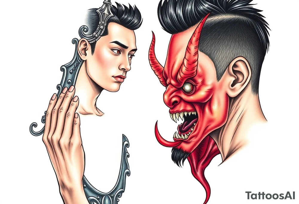 Handsome Asian young guy is looking in cursed mirror and see devil tattoo idea