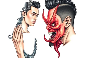 Handsome Asian young guy is looking in cursed mirror and see devil tattoo idea