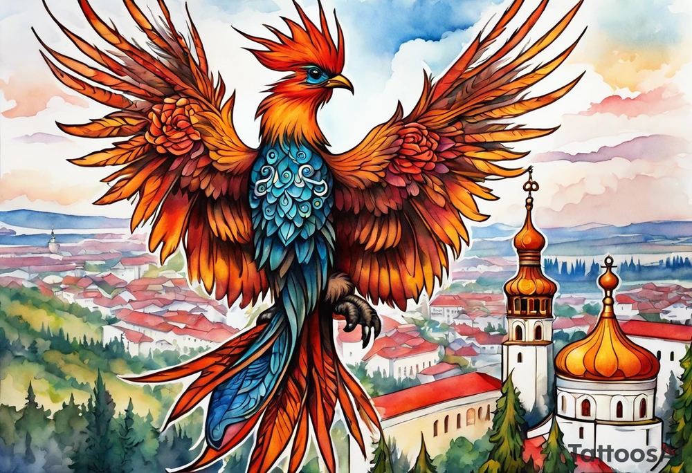 russian firebird in-flight with fancy tail and small onion cap monastery towers in background tattoo idea