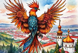 russian firebird in-flight with fancy tail and small onion cap monastery towers in background tattoo idea