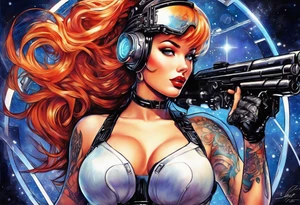 cyborg pinup girl, retro futurism, smooth skin, no tattoos tattoo idea