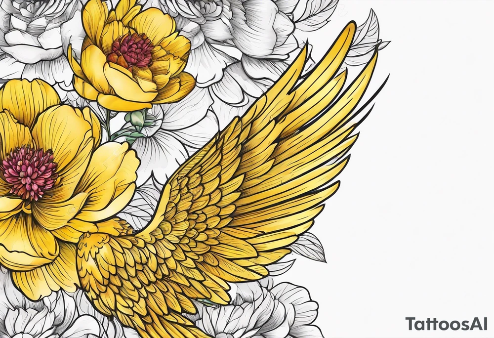 beautiful golden yellow angel wings with colorful peonies. beautiful flilligree in the background , full color tattoo idea