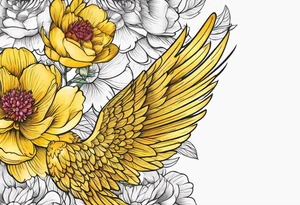 beautiful golden yellow angel wings with colorful peonies. beautiful flilligree in the background , full color tattoo idea