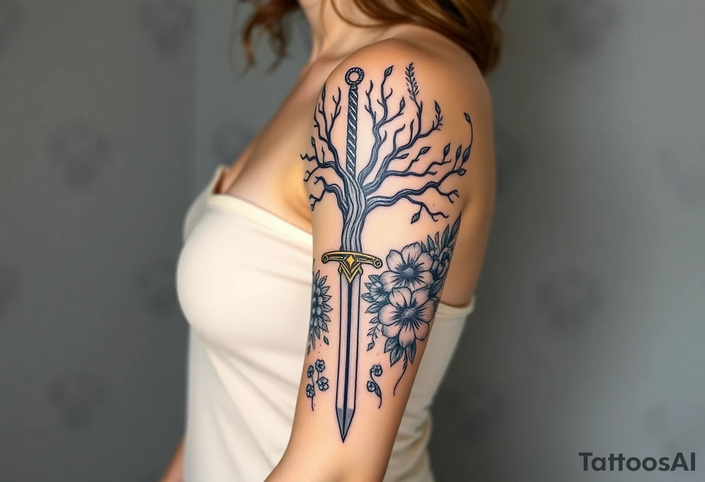based on the Lord of the rings movies with the tree of Gondor, the Evenstar necklace, the sword Narsil, and flowers tattoo idea