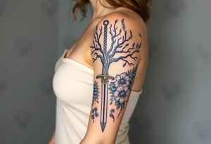 based on the Lord of the rings movies with the tree of Gondor, the Evenstar necklace, the sword Narsil, and flowers tattoo idea