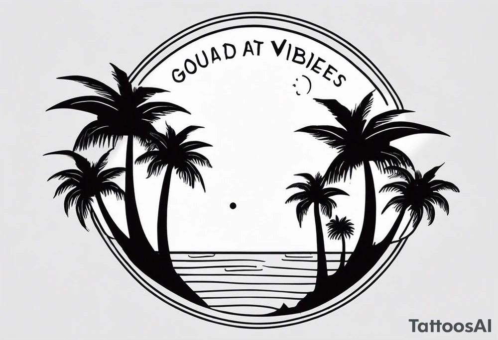 a minimalist tattoo of a sun and a palm tree with the words good vibes below it, make it only small and can fit in a circle tattoo idea