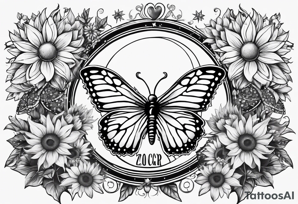 Zodiac sign Cancer, moon, sunflower, flowers, fairy, love, kind, fierce, sun, caring, butterfly, stars tattoo idea