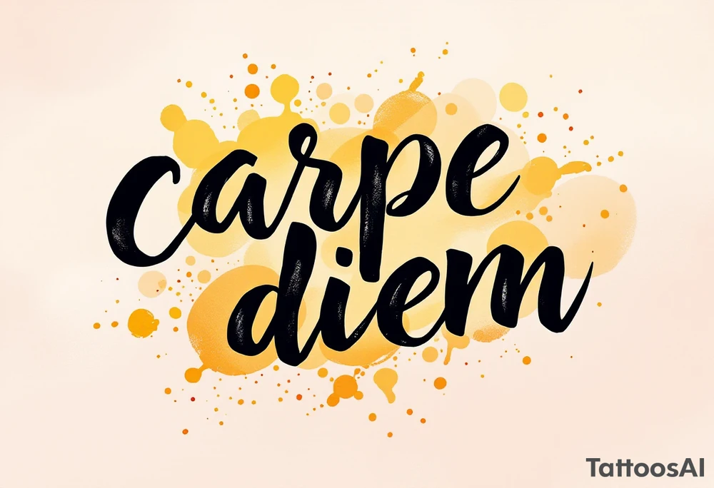 Bold brush-painted black text "carpe diem", surrounded by splashes of golden yellow and orange like a sunrise. tattoo idea