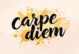 Bold brush-painted black text "carpe diem", surrounded by splashes of golden yellow and orange like a sunrise. tattoo idea