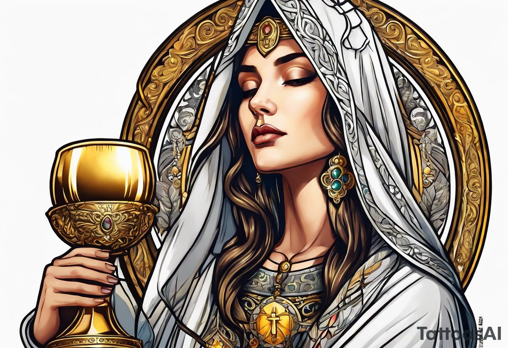 woman saint holding chalice surrounded by golden halo tattoo idea
