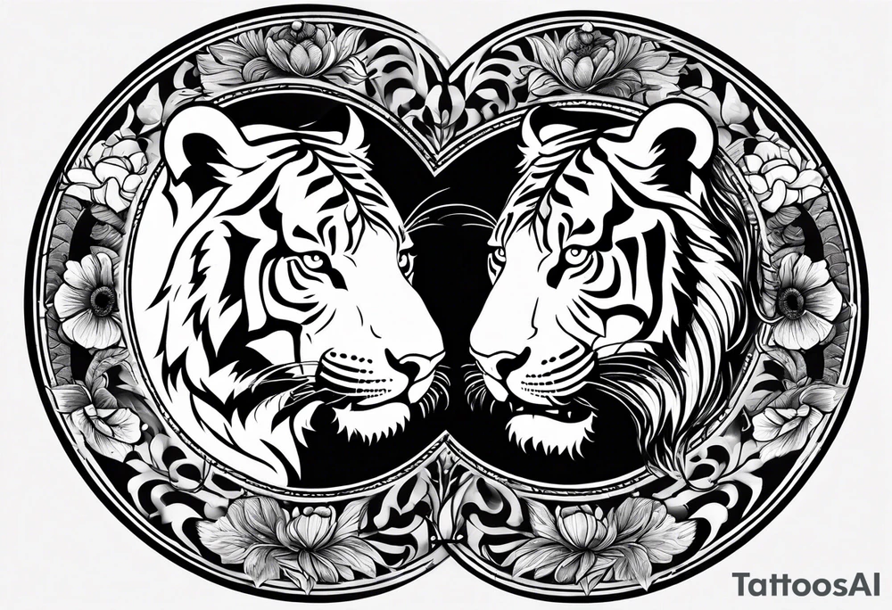 Tiger and lion on a yin yang plate tattoo idea