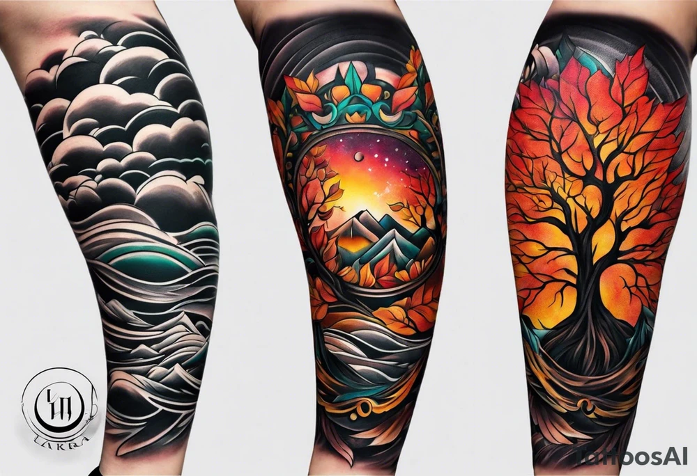 Arm Sleeve Tattoo with fall colors flat tattoo idea