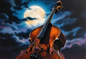 Double Bass in Moonlight – A warm brown double bass bathed in cool moonlight with a soft night sky in blue, violet, and black in the background, evoking deep tones and late-night jazz sessions. tattoo idea