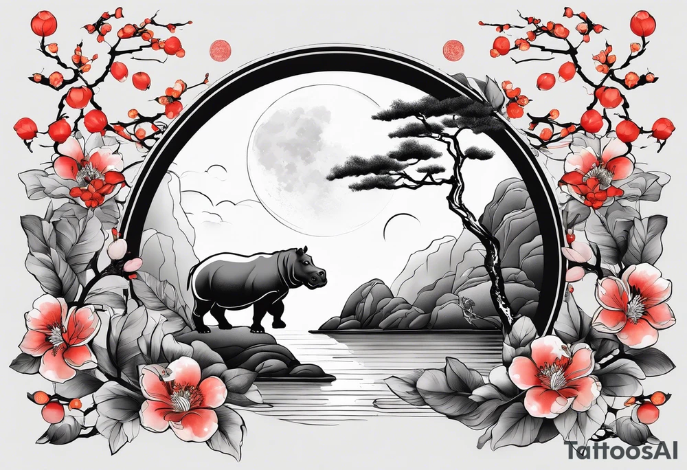 Asymmetrical, geometric, chinese ink art touch, hippo , full moon, wintersweet flower, light , modify from my favourite, free hand tattoo idea