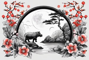 Asymmetrical, geometric, chinese ink art touch, hippo , full moon, wintersweet flower, light , modify from my favourite, free hand tattoo idea