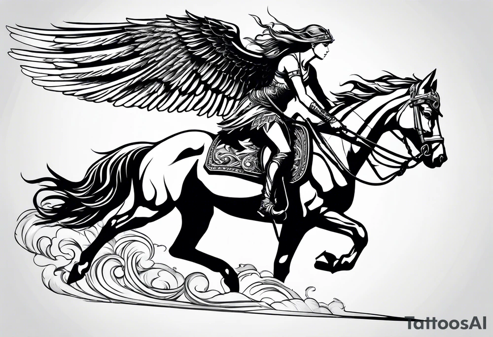 Valkyrie on winged Pegasus, flight, holding spear, looking down tattoo idea Valkyrie on winged Pegasus, flight, holding spear, looking down tattoo idea